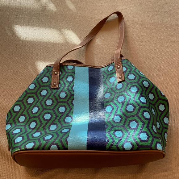 Geometric Patterned Tote Bag - Green and Blue - Picture 1 of 6